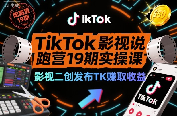 TikTok影视解说陪跑营19期实操课，影视二创发布TK賺取收益，万播收益50美金（更新）